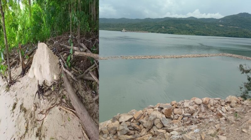 Keterangan Foto: Tumpukan Pasir Laut yang Hendak Diangkut ke Mawatu Resort (Kiri) - Pagar Laut Untuk Reklamasi Pantai di Mawatu Resort (Kanan). (Foto: Tim Info Labuan Bajo)